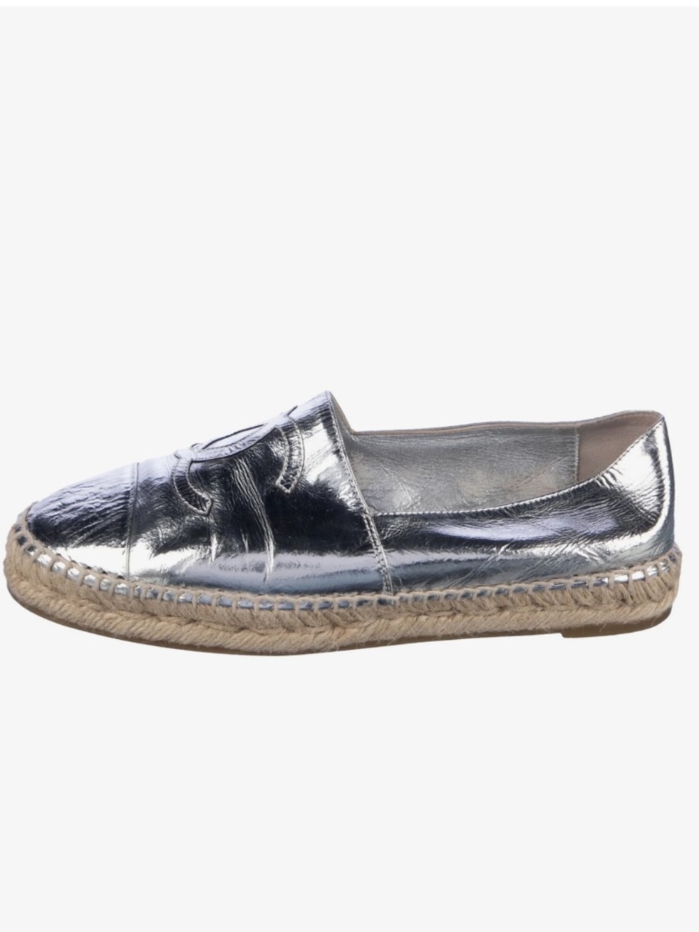 Chanel Silver Metallic Leather CC Espadrilles Size 37